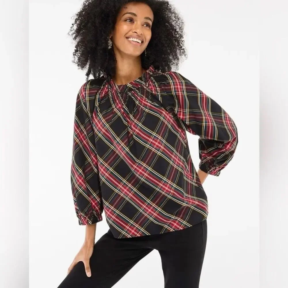 J.Crew Black&Red Holiday Plaid Puff Sleeve Blouse Sz.L NWT